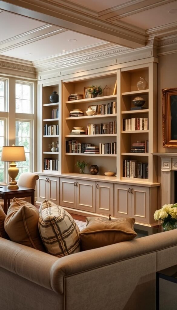 A stylish formal living room featuring beautifully painted built-in shelves that provide both storage and personality. In the foreground, display a cozy seating area with an elegant sofa adorned with decorative cushions. The middle ground includes the custom-built-in shelves, painted in a soft, muted color, showcasing a mix of curated books and tasteful decor items. In the background, large windows allow for natural light to flood the space, enhancing the ambiance. The room is styled for a sophisticated gathering, with tasteful artwork on the walls and a refined coffee table setting. The lighting is warm and inviting, capturing the essence of elegance. The scene should evoke a sense of comfort and sophistication, perfect for hosting intimate gatherings. A stylish formal living room featuring beautifully painted built-in shelves that provide both storage and personality. In the foreground, display a cozy seating area with an elegant sofa adorned with decorative cushions. The middle ground includes the custom-built-in shelves, painted in a soft, muted color, showcasing a mix of curated books and tasteful decor items. In the background, large windows allow for natural light to flood the space, enhancing the ambiance. The room is styled for a sophisticated gathering, with tasteful artwork on the walls and a refined coffee table setting. The lighting is warm and inviting, capturing the essence of elegance. The scene should evoke a sense of comfort and sophistication, perfect for hosting intimate gatherings.