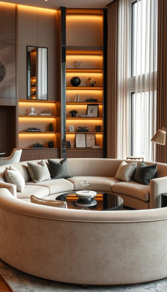A stylish living room featuring a luxurious curved sofa in soft, muted tones, positioned gracefully in the foreground. The sofa is arranged to create an inviting conversation area with elegant accent pillows. In the middle ground, a decorative coffee table with a chic centerpiece adds sophistication. The background showcases warm, ambient lighting that enhances the plush textures of the room, with tall windows allowing natural light to filter softly through sheer drapes. Elegant shelves filled with tasteful decor items and art pieces complement the overall design. The atmosphere is calm and refined, embodying a sense of timeless elegance. Capture the scene from a slightly elevated angle for depth, using a focus lens to accentuate the lavish details of the furniture and decor.