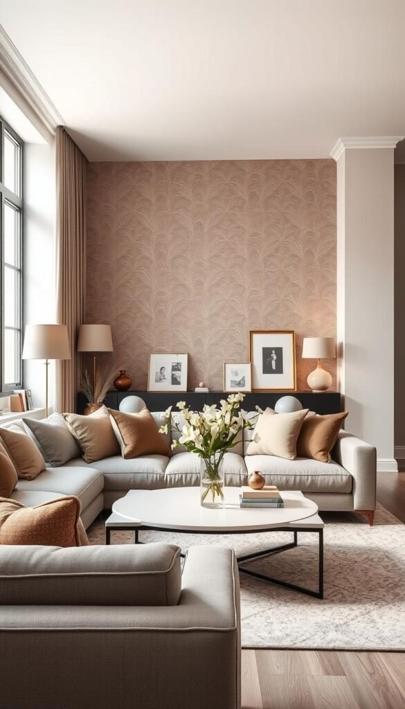 A stylish living room featuring a restrained wallpaper print on an accent wall, designed to evoke sophistication and comfort. The foreground showcases a contemporary sofa with plush cushions and a minimalist coffee table, adorned with a simple vase of fresh flowers. In the middle, the focal point is the elegantly patterned wallpaper in soft muted tones, adding texture and depth. The background consists of tasteful decor elements such as framed art pieces and a cozy rug that complements the wall pattern. Soft, natural lighting filters through large windows, creating a warm and inviting atmosphere. Use a slight angle from the front to emphasize the wallpaper's design and the overall aesthetic of the living space. A stylish living room featuring a restrained wallpaper print on an accent wall, designed to evoke sophistication and comfort. The foreground showcases a contemporary sofa with plush cushions and a minimalist coffee table, adorned with a simple vase of fresh flowers. In the middle, the focal point is the elegantly patterned wallpaper in soft muted tones, adding texture and depth. The background consists of tasteful decor elements such as framed art pieces and a cozy rug that complements the wall pattern. Soft, natural lighting filters through large windows, creating a warm and inviting atmosphere. Use a slight angle from the front to emphasize the wallpaper's design and the overall aesthetic of the living space.