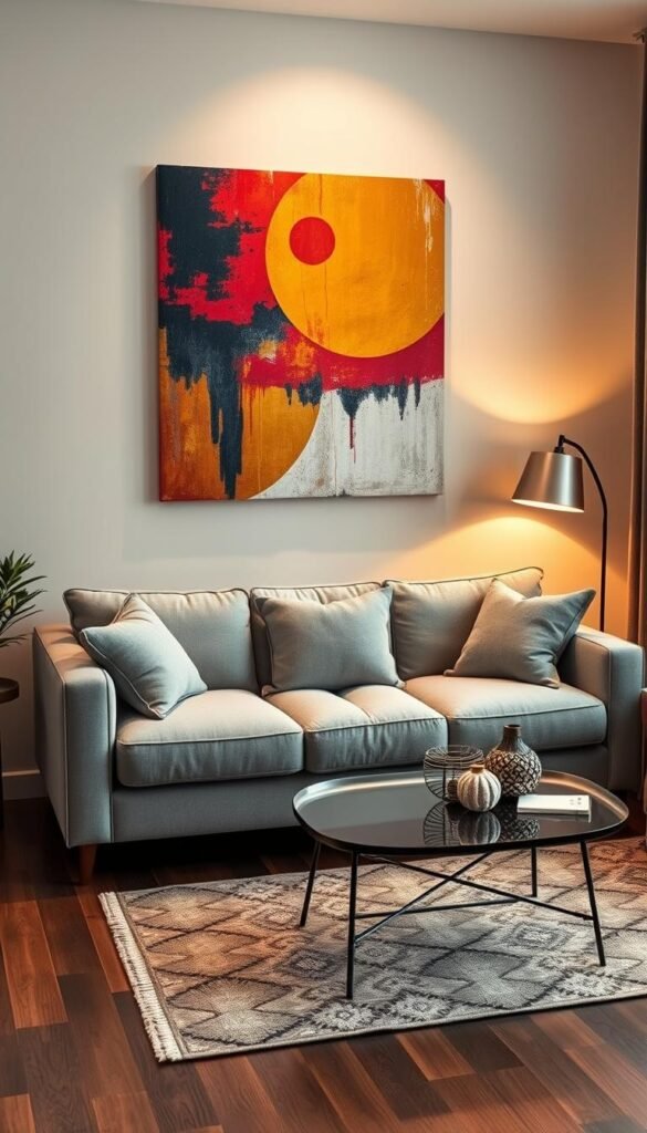 A stylish living room featuring a wall adorned with contemporary art positioned prominently above a plush sofa and a matching loveseat. The wall art consists of a large, abstract canvas in vibrant colors, enhancing the cozy atmosphere of the space. The sofa is upholstered in light gray fabric, and the loveseat complements it perfectly with a similar tone. Soft, warm lighting from a nearby floor lamp casts a serene glow, highlighting the textures and colors of the artwork. A modern coffee table with decorative elements sits in front, and a patterned area rug adds warmth to the wooden floor. The scene is captured from a mid-angle, providing a clear view of both the furniture and the striking wall decor, evoking an inviting and artistic mood. A stylish living room featuring a wall adorned with contemporary art positioned prominently above a plush sofa and a matching loveseat. The wall art consists of a large, abstract canvas in vibrant colors, enhancing the cozy atmosphere of the space. The sofa is upholstered in light gray fabric, and the loveseat complements it perfectly with a similar tone. Soft, warm lighting from a nearby floor lamp casts a serene glow, highlighting the textures and colors of the artwork. A modern coffee table with decorative elements sits in front, and a patterned area rug adds warmth to the wooden floor. The scene is captured from a mid-angle, providing a clear view of both the furniture and the striking wall decor, evoking an inviting and artistic mood.