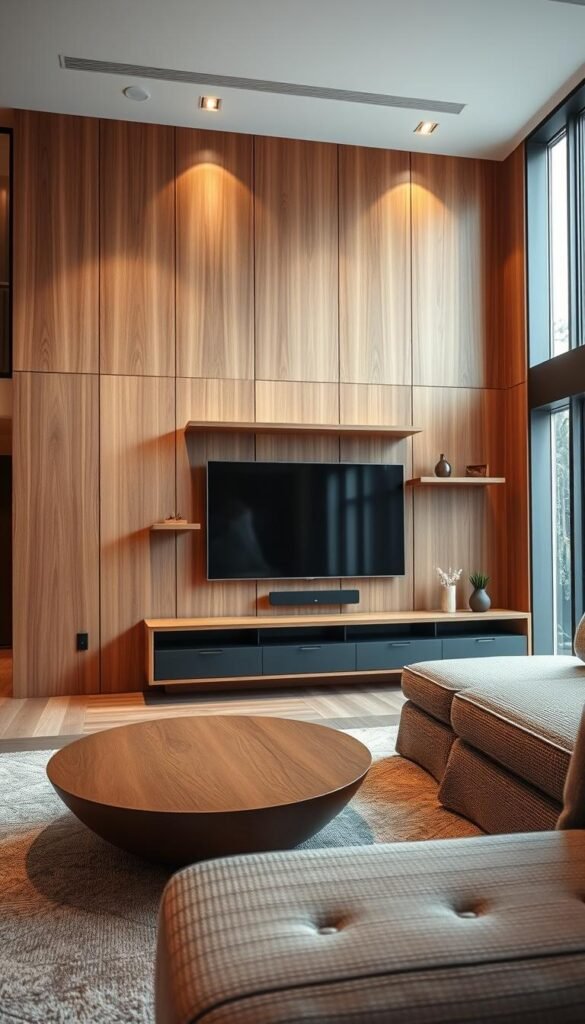 A stylish living room featuring a warm wooden TV wall adorned with sculptural furniture elements. In the foreground, a sleek, modern coffee table complements an elegant sofa with textured fabric, showcasing a harmonious blend of natural wood tones. In the middle, a uniquely designed TV console, featuring asymmetrical shelves and a minimalist style, is mounted on the warm wooden wall, which includes subtle wood grain details. Soft, ambient lighting from recessed fixtures highlights these features, creating a cozy atmosphere. In the background, large windows allow natural light to filter in, casting gentle shadows. The overall mood is inviting and contemporary, ideal for a stylish 2025 living space. Focused perspective, shot from a low angle to emphasize the furniture's sculptural lines and the overall design layout.