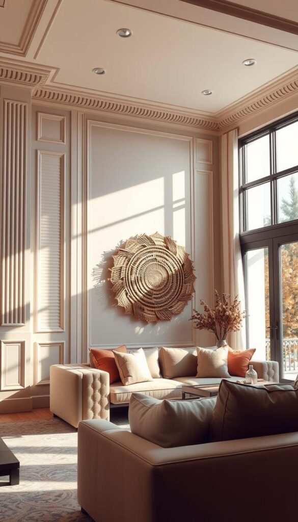 A stylish living room featuring elegant fluted millwork on the walls, emphasizing texture and depth. In the foreground, a beautifully woven wall decor piece, intricately crafted with natural fibers and soft tones, adds an artistic touch. The middle ground displays a cozy seating arrangement with modern furniture, complemented by plush cushions in harmonious colors that reflect the decor theme. In the background, large windows allow warm, soft sunlight to stream in, casting gentle shadows that enhance the room's ambiance. The atmosphere is inviting and sophisticated, ideal for a contemporary home. Designed using a wide-angle lens to capture the entire space, this composition creates a sense of harmony and style without any text or distractions. A stylish living room featuring elegant fluted millwork on the walls, emphasizing texture and depth. In the foreground, a beautifully woven wall decor piece, intricately crafted with natural fibers and soft tones, adds an artistic touch. The middle ground displays a cozy seating arrangement with modern furniture, complemented by plush cushions in harmonious colors that reflect the decor theme. In the background, large windows allow warm, soft sunlight to stream in, casting gentle shadows that enhance the room's ambiance. The atmosphere is inviting and sophisticated, ideal for a contemporary home. Designed using a wide-angle lens to capture the entire space, this composition creates a sense of harmony and style without any text or distractions.
