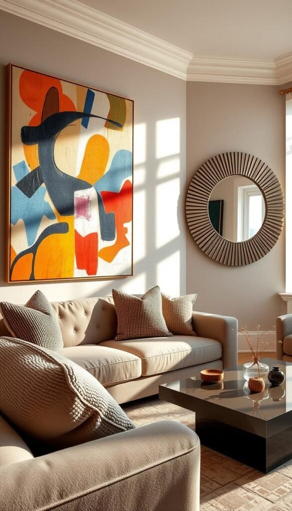A stylish living room featuring oversized wall art that captures attention, such as an abstract piece with vivid colors and dynamic shapes, positioned prominently beside a striking statement mirror, reflecting elegance. The foreground includes a plush sofa adorned with textured cushions in complementary tones. In the middle, a sleek coffee table adds sophistication, while the oversized wall art and mirror create a focal point. The background showcases softly lit walls, painted in a warm neutral hue, enhancing the inviting atmosphere. Natural light streams in through a nearby window, creating gentle shadows and highlighting the textures. The mood is contemporary and artistic, ideal for inspiring creative wall designs. A stylish living room featuring oversized wall art that captures attention, such as an abstract piece with vivid colors and dynamic shapes, positioned prominently beside a striking statement mirror, reflecting elegance. The foreground includes a plush sofa adorned with textured cushions in complementary tones. In the middle, a sleek coffee table adds sophistication, while the oversized wall art and mirror create a focal point. The background showcases softly lit walls, painted in a warm neutral hue, enhancing the inviting atmosphere. Natural light streams in through a nearby window, creating gentle shadows and highlighting the textures. The mood is contemporary and artistic, ideal for inspiring creative wall designs.