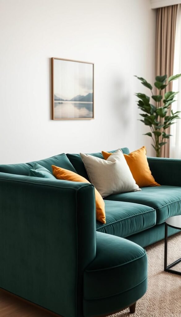 A stylish matte velvet sofa in a deep emerald green hue occupies the foreground, showcasing its soft, luxurious texture and elegant lines. The sofa is adorned with plush, coordinating throw pillows in varying shades of gold and beige, adding a warm contrast. Behind the sofa, a tastefully decorated middle ground features serene wall art in muted tones and a tall indoor plant that softly frames the scene. In the background, gentle natural light filters through sheer curtains, creating a calm and inviting atmosphere. The room is minimalist, with subtle accents like a modern coffee table and a cozy area rug, emphasizing comfort and sophistication. The composition is captured from a slightly elevated angle, enhancing the feeling of space and tranquility in the quiet room setting.