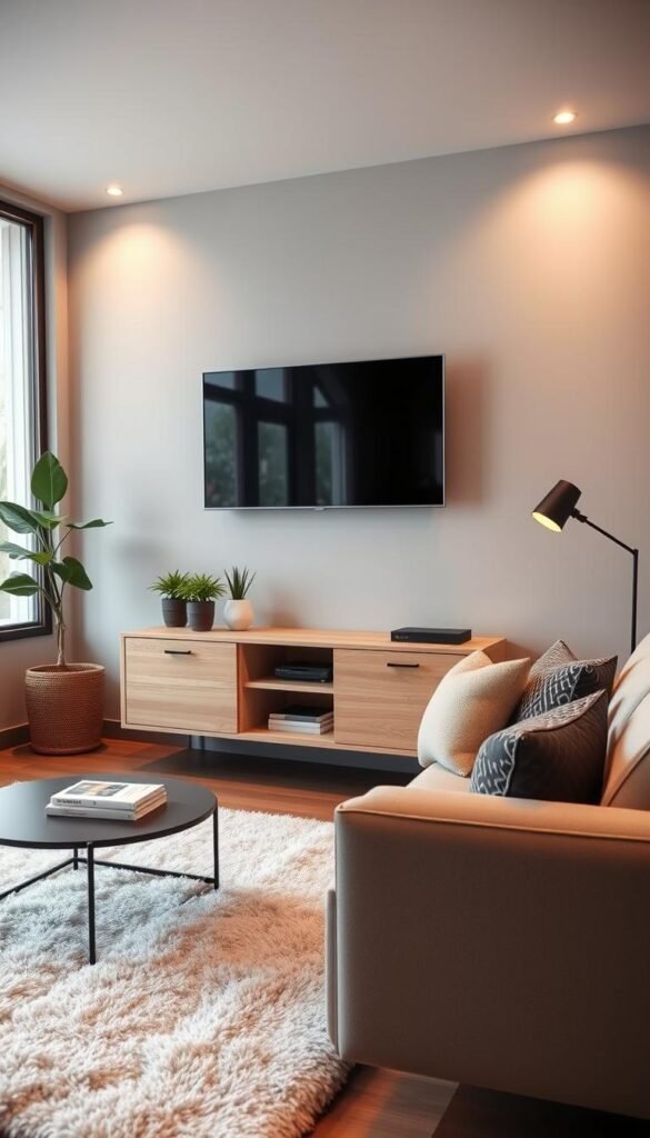 A stylish, modern living room featuring a sleek, wall-mounted flat-screen TV positioned above a low, floating console. The console showcases a minimalist design in a light wood finish, with a few curated decor pieces like potted plants and a small stack of coffee table books. In the foreground, a plush area rug anchors the space, while a comfortable, contemporary sofa is placed opposite the console, adorned with textured throw pillows. The background includes soft gray walls and large windows allowing natural light to flood the room. Use warm, ambient lighting to create an inviting atmosphere. Capture the scene with a slight angle, emphasizing depth and the cozy yet sophisticated vibe of modern small living room designs.