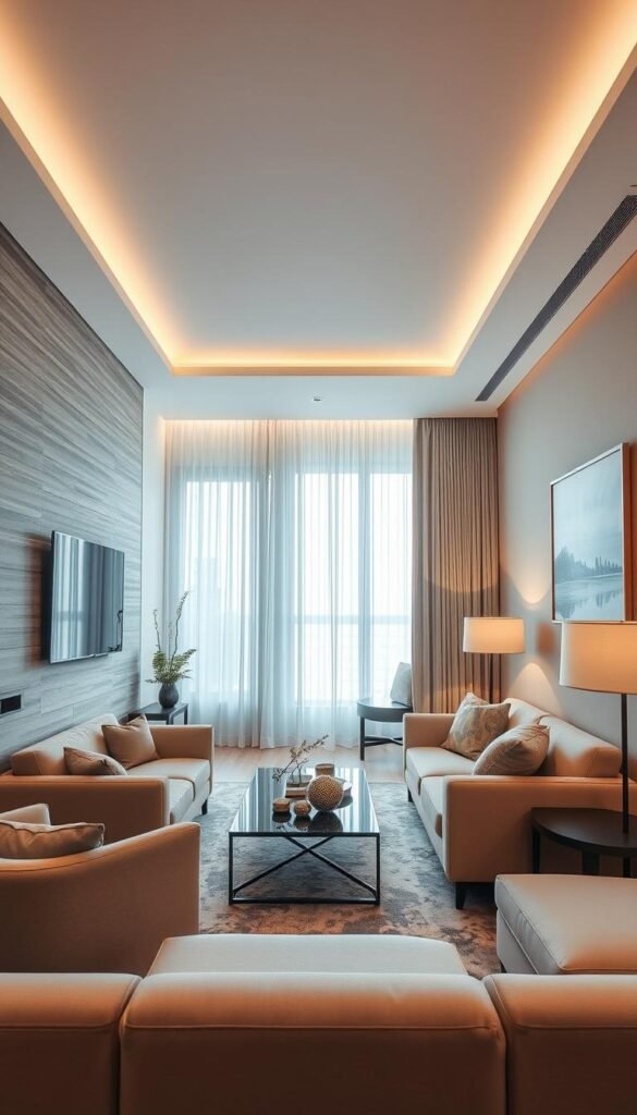 A stylish small living room featuring a modern, sleek television as the focal point, elegantly mounted on a textured accent wall. In the foreground, plush, neutral-toned seating invites relaxation, arranged around a minimalist coffee table adorned with decorative items. The middle layer reveals a seamless open walkway that leads into an adjoining space, promoting flow and connection. The background showcases delicate curtains that softly filter natural light, creating an airy atmosphere, complemented by warm, ambient lighting from stylish lamps. The overall mood is serene and inviting, emphasizing luxury with curated decor like high-quality rugs and tasteful artwork. Shot with a wide-angle lens to capture the essence of contemporary design, ensuring the room feels spacious yet intimate. A stylish small living room featuring a modern, sleek television as the focal point, elegantly mounted on a textured accent wall. In the foreground, plush, neutral-toned seating invites relaxation, arranged around a minimalist coffee table adorned with decorative items. The middle layer reveals a seamless open walkway that leads into an adjoining space, promoting flow and connection. The background showcases delicate curtains that softly filter natural light, creating an airy atmosphere, complemented by warm, ambient lighting from stylish lamps. The overall mood is serene and inviting, emphasizing luxury with curated decor like high-quality rugs and tasteful artwork. Shot with a wide-angle lens to capture the essence of contemporary design, ensuring the room feels spacious yet intimate.