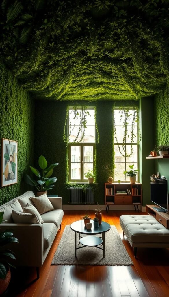A tranquil living room featuring lush green walls that harmoniously extend onto a beautifully painted ceiling, creating an immersive nature-inspired atmosphere. In the foreground, a cozy, stylish sofa with soft cushions invites relaxation, accompanied by a small round coffee table adorned with a few potted plants. The middle section showcases warm wooden flooring and a large window allowing natural light to pour in, illuminating the room. The background features carefully arranged floating shelves filled with books and decorative elements, enhancing the nature theme. The lighting is soft and warm, enhancing the welcoming ambiance, captured with a slight wide-angle lens to emphasize the spaciousness of the room. The overall mood is serene and inviting, perfect for a modern, eco-friendly living space. A tranquil living room featuring lush green walls that harmoniously extend onto a beautifully painted ceiling, creating an immersive nature-inspired atmosphere. In the foreground, a cozy, stylish sofa with soft cushions invites relaxation, accompanied by a small round coffee table adorned with a few potted plants. The middle section showcases warm wooden flooring and a large window allowing natural light to pour in, illuminating the room. The background features carefully arranged floating shelves filled with books and decorative elements, enhancing the nature theme. The lighting is soft and warm, enhancing the welcoming ambiance, captured with a slight wide-angle lens to emphasize the spaciousness of the room. The overall mood is serene and inviting, perfect for a modern, eco-friendly living space.
