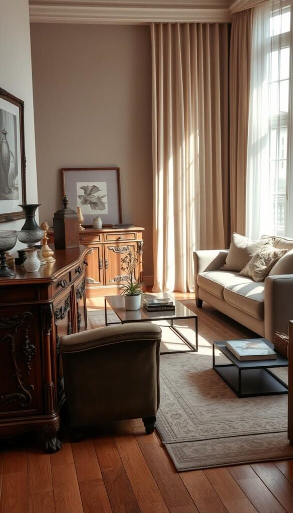 A vintage wood sideboard with intricate carvings and a rich walnut finish occupies the foreground, showcasing antique glassware and decorative items. Paired with it is a sleek, modern living room sofa in a muted color palette, featuring clean lines and plush cushions, blending styles seamlessly. The middle ground reveals an elegant area rug that harmonizes the two pieces, tied together by a cozy coffee table adorned with a few art books and a potted plant. In the background, soft natural light filters through sheer curtains, illuminating the warm tones of the space and casting gentle shadows. The atmosphere is nostalgic yet contemporary, inviting and stylish, perfect for a living room design that embodies comfort and history. The composition emphasizes a harmonious balance between vintage charm and modern aesthetics, filmed from a slightly elevated angle to capture both furniture elements and their details. A vintage wood sideboard with intricate carvings and a rich walnut finish occupies the foreground, showcasing antique glassware and decorative items. Paired with it is a sleek, modern living room sofa in a muted color palette, featuring clean lines and plush cushions, blending styles seamlessly. The middle ground reveals an elegant area rug that harmonizes the two pieces, tied together by a cozy coffee table adorned with a few art books and a potted plant. In the background, soft natural light filters through sheer curtains, illuminating the warm tones of the space and casting gentle shadows. The atmosphere is nostalgic yet contemporary, inviting and stylish, perfect for a living room design that embodies comfort and history. The composition emphasizes a harmonious balance between vintage charm and modern aesthetics, filmed from a slightly elevated angle to capture both furniture elements and their details.
