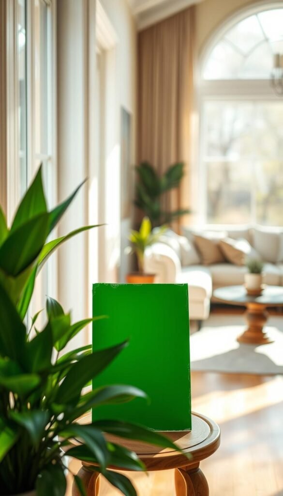 A vivid green paint sample displayed prominently on a small, elegant wooden table beside a north-facing living room window. The room is filled with natural light streaming in, highlighting the fresh hue of the green paint against the soft, neutral-toned walls. In the foreground, the paint sample is surrounded by lush, leafy indoor plants, adding an organic touch that emphasizes the theme of bringing nature indoors. The background features a cozy seating area with a comfortable sofa and minimalist decor, bathed in warm, calming sunlight. The atmosphere is serene and inviting, suggesting relaxation and a connection to the outdoors, with a slight depth of field effect to draw focus to the paint sample. A vivid green paint sample displayed prominently on a small, elegant wooden table beside a north-facing living room window. The room is filled with natural light streaming in, highlighting the fresh hue of the green paint against the soft, neutral-toned walls. In the foreground, the paint sample is surrounded by lush, leafy indoor plants, adding an organic touch that emphasizes the theme of bringing nature indoors. The background features a cozy seating area with a comfortable sofa and minimalist decor, bathed in warm, calming sunlight. The atmosphere is serene and inviting, suggesting relaxation and a connection to the outdoors, with a slight depth of field effect to draw focus to the paint sample.