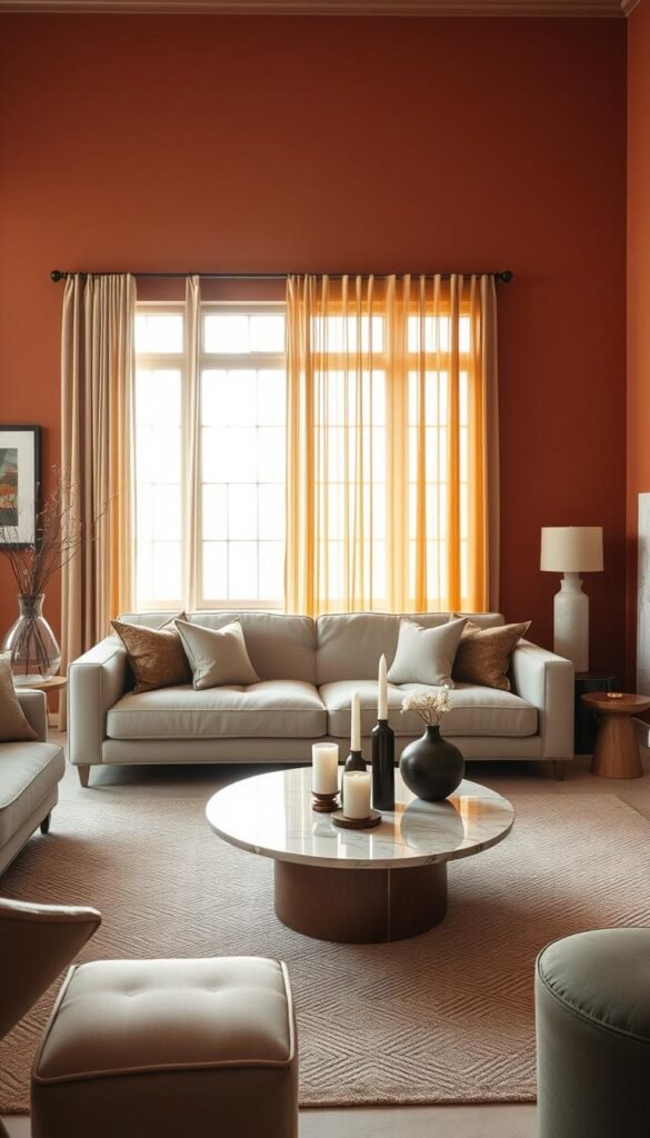 A warm and inviting living room featuring Roman clay walls that exhibit a rich terracotta hue, complemented by elegant viola marble accents. The foreground showcases a plush, light-colored sofa adorned with subtle decorative pillows. In the middle ground, a sleek coffee table with a marble surface rests on a textured area rug, surrounded by tasteful décor items like candles and artful vases. The background includes a large window with sheer curtains that softly diffuse golden sunlight, casting a radiant glow across the room. The atmosphere is classy and timeless, perfect for a sophisticated interior design aesthetic. Capture the scene with a wide-angle lens to emphasize depth, ensuring the image evokes a sense of warmth and elegance.