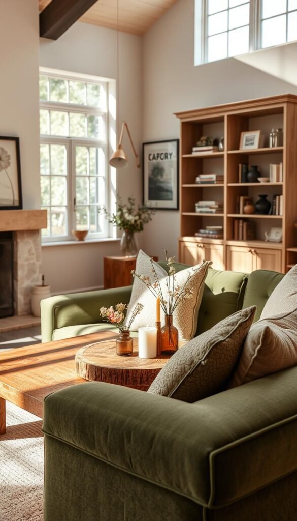 A warm neutral living room featuring a sophisticated palette that emphasizes comfort and elegance. In the foreground, a plush green upholstered sofa is adorned with soft, textured cushions in complementary earth tones. The middle features a rustic wooden coffee table, elegantly styled with a small vase of fresh flowers and softly lit candles. Natural light pours through large windows, illuminating the space and casting gentle shadows, enhancing the cozy atmosphere. The background showcases tasteful wall art and a stylish bookshelf, filled with carefully arranged books and decor. The overall mood is inviting and serene, perfect for a timeless interior design. The scene is captured from a slight angle, providing depth and inviting the viewer into the warm ambiance.