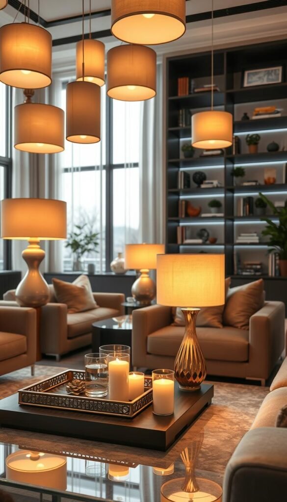 An elegant living room scene featuring layered lamps in various sizes casting a warm glow, creating a cozy atmosphere. In the foreground, a stylishly arranged coffee table adorned with a decorative tray and candles invites relaxation. The middle ground showcases neatly styled bookshelves filled with a curated collection of books, plants, and personal artifacts, adding character and depth. In the background, large windows let in soft, natural light, enhancing the inviting ambiance. The furniture is modern yet comfortable, with plush sofas and artfully placed cushions. The overall mood is upscale and welcoming, perfect for a grand yet intimate living space. Use a wide-angle lens to capture the room's spaciousness and warmth.