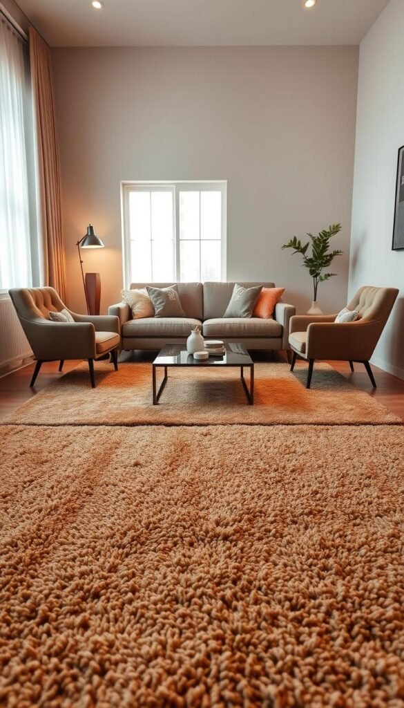 An inviting compact living room featuring a stylish area rug that connects a modern sofa and two contemporary chairs. The foreground showcases the plush, textured rug in warm earth tones, blending harmoniously with the furnishings. In the middle ground, a sleek, minimalist sofa with cozy throw pillows faces two matching accent chairs, all set on the rug to enhance the sense of space. The background reveals soft, ambient lighting from a nearby window, casting a gentle glow across the room. A small, elegant coffee table is centered on the rug, adorned with a few decorative items. The overall mood is warm and inviting, designed for comfort and visual spaciousness in a small living area. The image is shot from a slightly elevated angle to showcase the layout effectively, ensuring no text or signatures are present. An inviting compact living room featuring a stylish area rug that connects a modern sofa and two contemporary chairs. The foreground showcases the plush, textured rug in warm earth tones, blending harmoniously with the furnishings. In the middle ground, a sleek, minimalist sofa with cozy throw pillows faces two matching accent chairs, all set on the rug to enhance the sense of space. The background reveals soft, ambient lighting from a nearby window, casting a gentle glow across the room. A small, elegant coffee table is centered on the rug, adorned with a few decorative items. The overall mood is warm and inviting, designed for comfort and visual spaciousness in a small living area. The image is shot from a slightly elevated angle to showcase the layout effectively, ensuring no text or signatures are present.