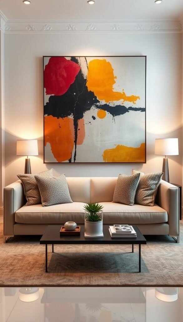 An inviting compact living room featuring an oversized abstract artwork above a sleek, modern sofa. In the foreground, a plush, light-colored sofa adorned with textured throw pillows creates a cozy atmosphere. In the middle, the bold oversized artwork displays vibrant colors and striking shapes, drawing the eye and adding a sense of spaciousness. The background includes soft, ambient lighting from stylish lamps, complemented by a small coffee table with decorative items and a potted plant. The room has light-colored walls and a reflective floor, enhancing the airy feel. Capture the scene from a slightly elevated angle to emphasize the art piece, creating an overall warm and welcoming mood. An inviting compact living room featuring an oversized abstract artwork above a sleek, modern sofa. In the foreground, a plush, light-colored sofa adorned with textured throw pillows creates a cozy atmosphere. In the middle, the bold oversized artwork displays vibrant colors and striking shapes, drawing the eye and adding a sense of spaciousness. The background includes soft, ambient lighting from stylish lamps, complemented by a small coffee table with decorative items and a potted plant. The room has light-colored walls and a reflective floor, enhancing the airy feel. Capture the scene from a slightly elevated angle to emphasize the art piece, creating an overall warm and welcoming mood.