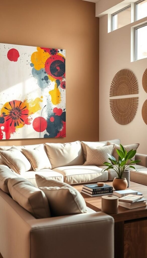 An inviting living room showcasing oversized canvas art and textured wall decor. In the foreground, a plush, neutral-toned sofa adorned with cozy throw pillows. To the left, an imposing canvas featuring vibrant abstract patterns, creating a focal point against a warm beige wall. On the right, tactile wall art made of natural materials like wood and fabric, adding depth and warmth. The middle ground features a stylish coffee table with a few decorative books and a green potted plant. Soft, natural light streams in through large windows, casting a gentle glow across the room. The atmosphere is calm and welcoming, perfect for relaxation and creative inspiration, captured with a soft focus lens to enhance comfort and warmth. An inviting living room showcasing oversized canvas art and textured wall decor. In the foreground, a plush, neutral-toned sofa adorned with cozy throw pillows. To the left, an imposing canvas featuring vibrant abstract patterns, creating a focal point against a warm beige wall. On the right, tactile wall art made of natural materials like wood and fabric, adding depth and warmth. The middle ground features a stylish coffee table with a few decorative books and a green potted plant. Soft, natural light streams in through large windows, casting a gentle glow across the room. The atmosphere is calm and welcoming, perfect for relaxation and creative inspiration, captured with a soft focus lens to enhance comfort and warmth.