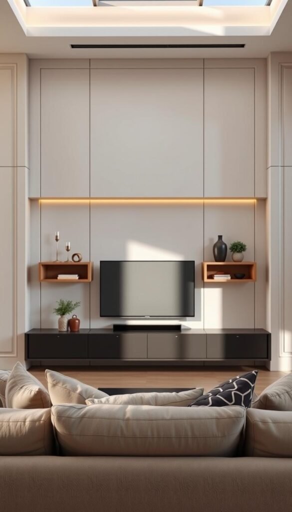 Centered on a modern living room, a stylish flat-screen television is displayed against a backdrop of simple, matching wall panels in a soft, neutral tone. The panels create a cohesive aesthetic, seamlessly blending with the elegant furniture arrangement. In the foreground, a plush, contemporary sofa is adorned with decorative pillows, inviting comfort. The middle layer showcases the TV, framed by minimalistic wooden shelves holding curated decor items. In the background, large windows allow natural light to flood the space, casting soft shadows and highlighting the serene atmosphere. The scene is captured from a slightly elevated angle, evoking a sense of spaciousness and sophistication. The mood is tranquil and inviting, perfect for a modern living room design for 2025.