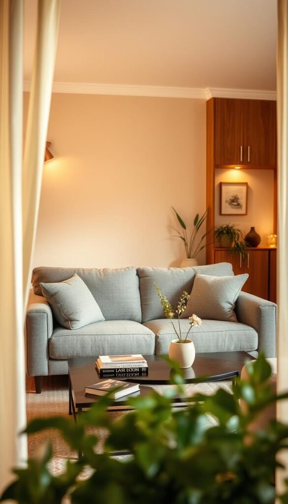 Cream curtains gently frame a plush gray sofa in a softly lit living room, creating an inviting and elegant atmosphere. The sofa, with its textured fabric, sits center-stage against a warm, neutral wall. A stylish coffee table, adorned with a few artfully arranged books and a small vase of fresh flowers, adds charm to the scene. In the background, subtle ambient lighting casts a soft glow, highlighting the warm wood accents and decorative elements. The room is harmoniously styled with potted plants and tasteful wall art, evoking a sense of tranquility and sophistication. Use a perspective that captures the inviting nature of the room, emphasizing the interplay of light and shadow for a cozy feel.