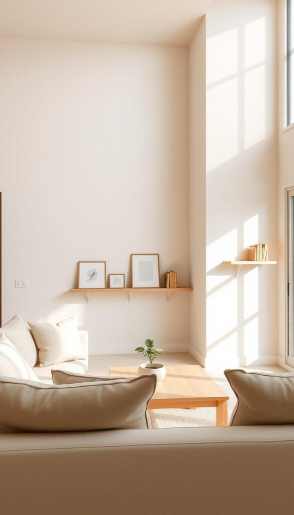 Creamy walls in a minimalist living room enveloped by soft natural light, creating a calm and inviting atmosphere. In the foreground, a cozy, light-colored sofa adorned with neutral-toned cushions invites relaxation. The middle layer features a simple, sleek coffee table made of light wood, topped with a small, elegant plant in a ceramic pot. On the walls, subtle wooden shelves hold a few selected art pieces and books, enhancing the serene aesthetic. The background showcases large windows that allow soft sunlight to pour in, casting gentle shadows and adding warmth to the restrained color palette. The overall image embodies tranquility and a sense of spaciousness, perfect for illustrating minimalist designs that foster calm.