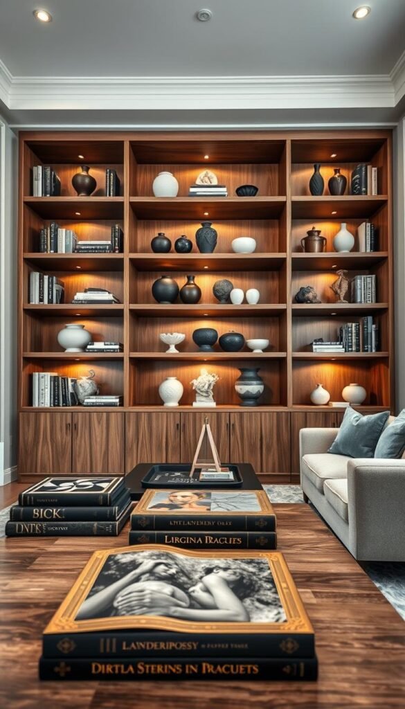 Drenched wooden shelves filled with an eclectic mix of luxury books and decorative objects, creating open spaces between items for a clean aesthetic. In the foreground, focus on a few meticulously arranged coffee table books with rich covers. The middle section captures the shelves, displaying artful groupings of ceramic vases and elegant sculptures, each piece illuminated by warm, soft lighting that casts gentle shadows, enhancing textures. The background hints at a tastefully designed living room featuring plush, contemporary furniture in muted tones. The atmosphere is calming yet sophisticated, embodying a modern luxury vibe perfect for a glamorous home design. Aim for a wide-angle shot to capture the full scope of the shelves and their artistic arrangement.
