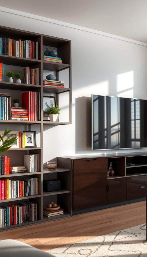 Open shelves filled with an array of colorful books and carefully curated display items such as small plants, art pieces, and decorative boxes, positioned next to a sleek, closed TV storage unit in a modern living room setting. The foreground showcases the vibrant shelves, while the middle features the minimalist storage unit with a glossy finish. In the background, a softly lit room enhances the atmosphere, with natural light filtering through a window, creating gentle shadows. Use a slightly tilted angle to emphasize the depth and layout of the space, capturing a clean and organized aesthetic. The overall mood should convey a sense of tranquility and sophistication, ideal for a contemporary home.