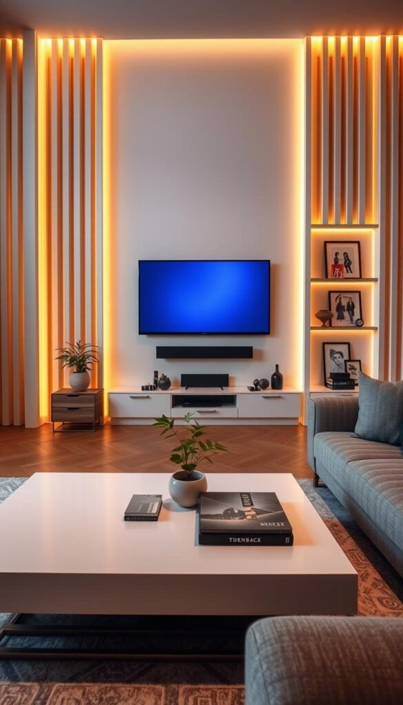 Pale vertical slats create a stylish frame around a contemporary living room featuring a modern wall-mounted TV. The warm ambient lighting adds a cozy glow, illuminating the space with inviting tones. In the foreground, a sleek, minimalistic coffee table sits adorned with tasteful decorations, such as a small potted plant and a few artfully arranged books. The middle ground showcases a plush, neutral-colored sectional sofa, emphasizing comfort and style. In the background, the softly glowing screen acts as a focal point, surrounded by elegant decor elements like framed art and decorative shelves. Capture this scene from a slightly elevated angle, enhancing the depth and inviting atmosphere, with a cinematic feel that highlights the sophistication of the design.