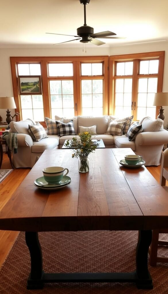 Reclaimed wood table with a rustic finish as the centerpiece in a cozy farmhouse living room, featuring iron accents and warm, inviting decor. In the foreground, the table is set with vintage dishware and a small vase of wildflowers. The middle of the scene showcases comfortable, slipcovered sofas adorned with plaid and textured pillows, complemented by a woven rug on a wooden floor. Large windows in the background allow soft, natural light to flood the space, illuminating the warm earth tones and creating a homely, relaxed atmosphere. The walls are decorated with framed landscapes and farm-inspired art. The overall ambiance conveys a sense of comfort and harmony, perfect for a welcoming country feel. Reclaimed wood table with a rustic finish as the centerpiece in a cozy farmhouse living room, featuring iron accents and warm, inviting decor. In the foreground, the table is set with vintage dishware and a small vase of wildflowers. The middle of the scene showcases comfortable, slipcovered sofas adorned with plaid and textured pillows, complemented by a woven rug on a wooden floor. Large windows in the background allow soft, natural light to flood the space, illuminating the warm earth tones and creating a homely, relaxed atmosphere. The walls are decorated with framed landscapes and farm-inspired art. The overall ambiance conveys a sense of comfort and harmony, perfect for a welcoming country feel.
