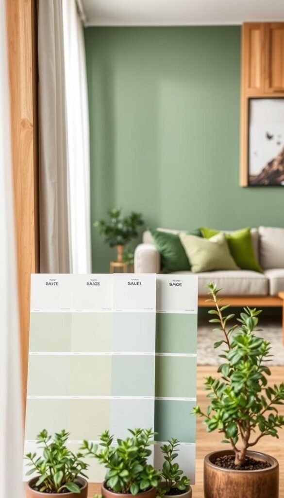 Sage paint swatches elegantly arranged in a neat row, placed beside a stylish living room wall painted in a complementary shade. The wall showcases a modern design with natural wood accents and a cozy sofa adorned with green cushions, harmonizing with the theme of indoor greenery. In the foreground, a handful of miniature potted plants adds a touch of life, while a soft, diffused daylight filters through sheer curtains, creating a serene atmosphere. The image is framed from a slightly elevated angle to capture the texture of the wall and the swatches clearly. The overall mood is fresh and inviting, emphasizing the beauty of nature-inspired living spaces. The scene should be clean and well-lit, avoiding any distractions. Sage paint swatches elegantly arranged in a neat row, placed beside a stylish living room wall painted in a complementary shade. The wall showcases a modern design with natural wood accents and a cozy sofa adorned with green cushions, harmonizing with the theme of indoor greenery. In the foreground, a handful of miniature potted plants adds a touch of life, while a soft, diffused daylight filters through sheer curtains, creating a serene atmosphere. The image is framed from a slightly elevated angle to capture the texture of the wall and the swatches clearly. The overall mood is fresh and inviting, emphasizing the beauty of nature-inspired living spaces. The scene should be clean and well-lit, avoiding any distractions.